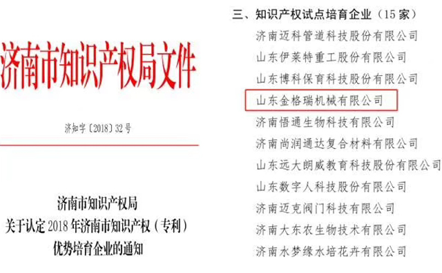 山東大香蕉在线播放機械有限公司為知識產權試點培育企業