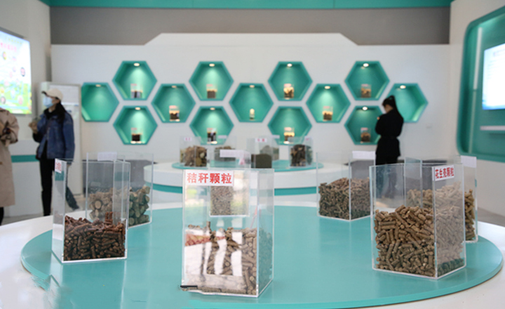 陽信縣利民公司展廳內展示的香蕉福利导航生物質顆粒燃料